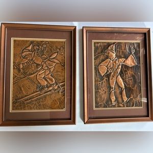 Vintage Embossed Relief Hammered Copper Wall Plaques (2)Framed 14.5”x11”.